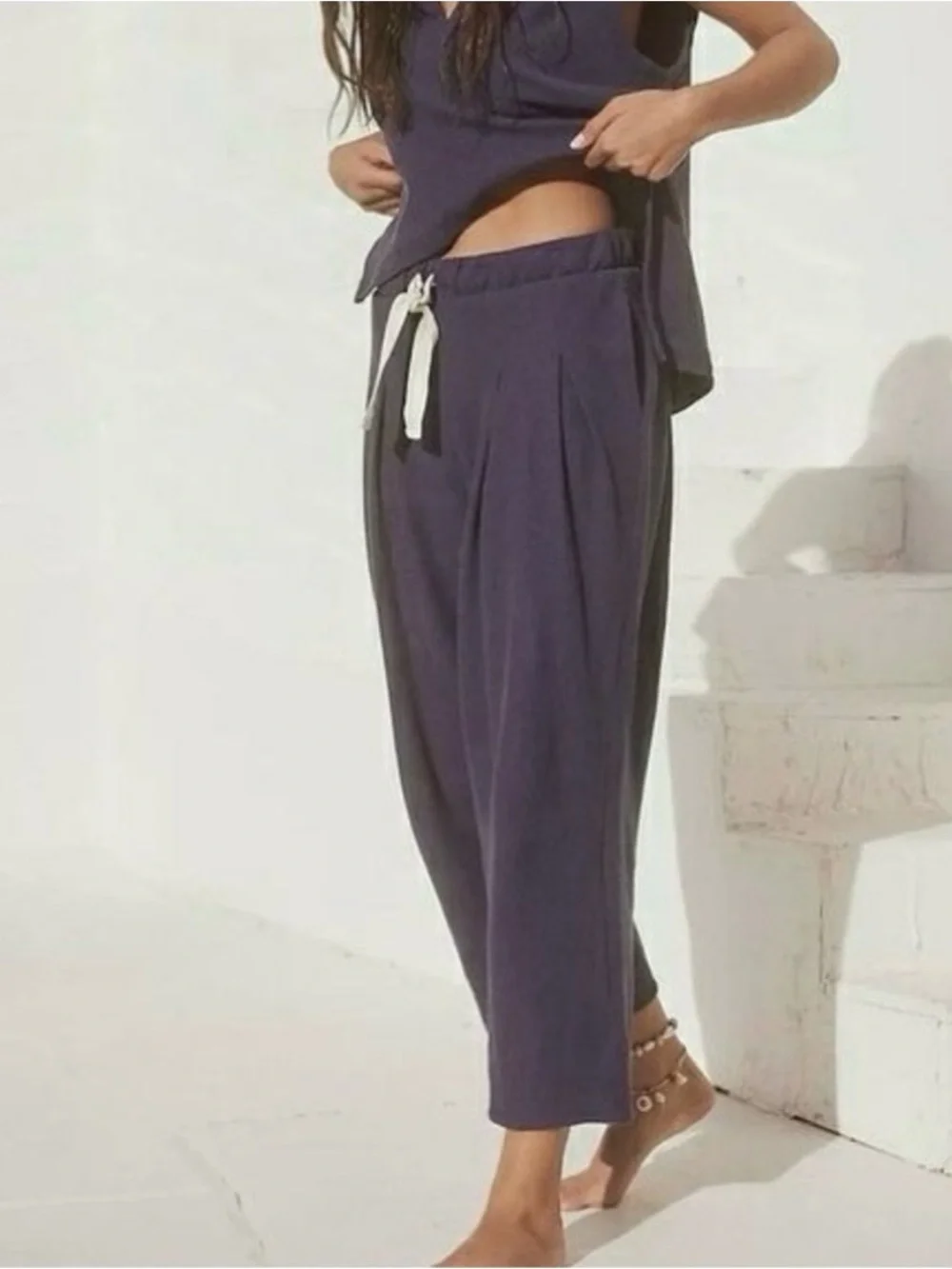 Free People Beach XL Day Tripper Ribbed Pleated Drawstring Pant wide leg cropped